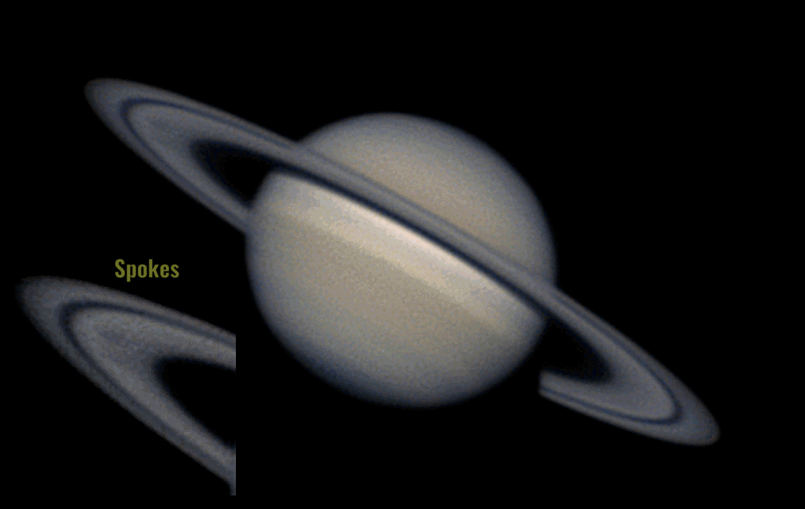 Subtle dark features appear and disappear from Saturn's ring as it rotates.